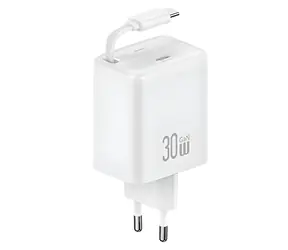 USAMS CC241 biela / Nabíjačka / GaN / USB-C PD+QC / 30 W / výsuvný kábel
