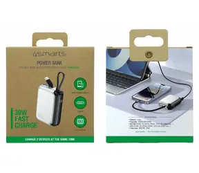 4smarts Pocket 10000mAh strieborná / Powerbanka / 30W / vstavaný USB-C kábel 15cm / displej