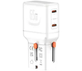 4smarts Nomad Pocket biela / Cestovný nabíjací adaptér / GaN / 65W / 2x USB-C / výmenné zástrčky