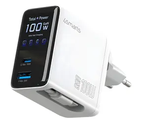 4smarts GaN Flex Screen AI 100W biela / Nabíjačka / GaN / 2x USB-C, 1x USB-A / Displej