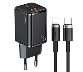 USAMS T43 čierna / Sieťová nabíjačka s káblom Lightning / 33W / PD3.0 + QC3.0 / USB-C + USB / 120cm