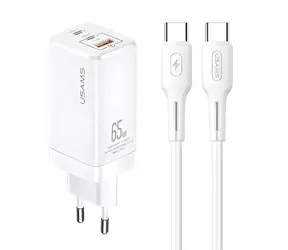 USAMS T33 biela / Nabíjačka / GaN / 65W / 2x USB-C + USB-A / PD / vr. kábla USB-C-USB-C