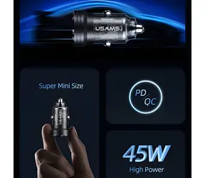 USAMS C35 čierna / Autonabíjačka / USB-C + USB-A / 45 W / PD, QC