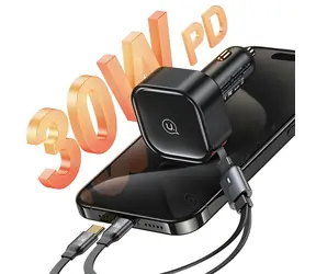 USAMS US-CC220 2x USB-C čierna / Autonabíjačka / zmršťovací kábel / PD 30W / 2v1