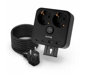 Huslog nabíjacia stanica 15W čierna / 2x zásuvka 230V / 2x USB-C / 2x USB-A / Držiak na telefón