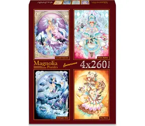 MAGNOLIA Puzzle Krištáľový jednorožec, Biely králik, Polnočná modrá a Mesiac / 4x260 dielikov