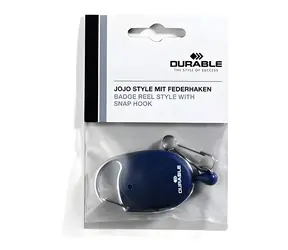 Durable Jojo Style tmavo modrá / Navíjací klip na menovku / kovová karabína / dĺžka opasku 80 cm