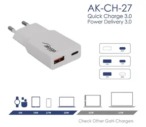 Akyga AK-CH-27 / Sieťová nabíjačka / 30W / GaN / USB-A + USB-C / PD / QC 3.0