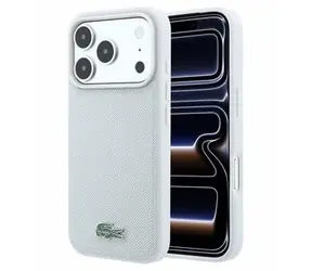 Lacoste Iconic Petit Pique svetlo šedá / Ochranný kryt / iPhone 18 Pro / MagSafe / PVC / Kovové Logo