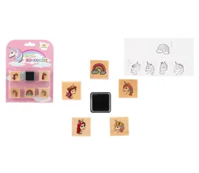 TEDDIES Drevené pečiatky Jednorožce / 5 +1 ks s poduškou / 3x3 cm / od 3 rokov