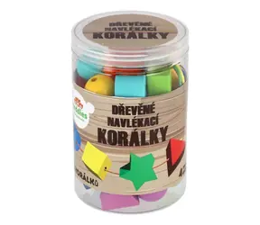 TEDDIES Drevené navliekacie korálky 42 ks / Kreatívna súprava / 4 šnúrky v plastovej dóze / od 3 rokov