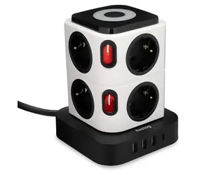 Huslog nabíjacia stanica 15W čierna / Nabíjacia stanica / 8x zásuvka 230V / 1x USB-C 3A / 3x USB-A 2,4A / LED lampička