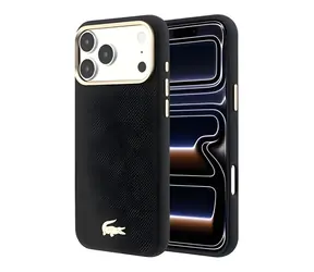 Lacoste PU Leather Champs Elysees Gold Logo MagSafe Zadný Kryt pre iPhone 18 Pro Max čierna