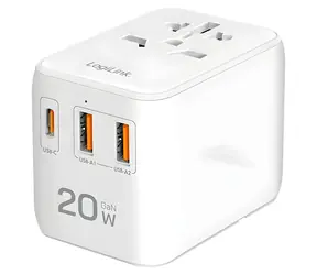 LogiLink Slim nabíjačka biela / Nabíjačka / GaN / 20 W / 2x USB-A QC / USB-C PD / 3 porty