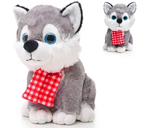 Plyšový pes Husky sediaci so šálom 22 cm / Plyšová hračka / So zvukom / Na batérie / Od 0 mesiacov