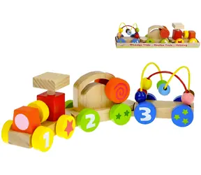 Drevený vláčik s aktivitami 34 cm / mašinka + 2 vagóniky / drevo / od 18 mesiacov