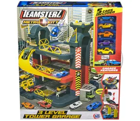 TEAMSTERZ Garáž dvojposchodová s výťahom / Herný set s 5 autíčkami / kov, plast / od 3 rokov