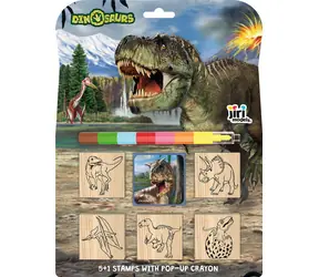 JIRI MODELS Pečiatky Dinosaury / 5 +1 ks / Pop UP voskovka 7 farieb / Drevená pečiatky a poduška