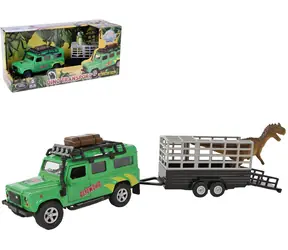 KIDS GLOBE Traffic Land Rover s prívesom a dinosaurom / Auto s prívesom / 28 cm / kov / od 3 rokov