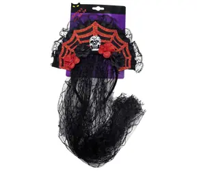 SPARKYS Čelenka so závojom Halloween lebka a ruža / Karnevalový doplnok / Textil