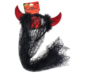 SPARKYS Čelenka Halloween rohy a čierny závoj / Karnevalový doplnok / červená / textil s perím
