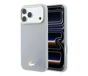 Lacoste PU Leather Champs Elysees Gold Logo svetlo šedá / Zadný kryt / iPhone 18 Pro / MagSafe