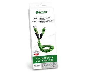 Vakoss MLU680G zelená / Nabíjací a dátový kábel 4v1 / USB-C / USB-A / Lightning / 60 W / 1,5 m