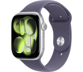Apple Watch Series 11 GPS 46mm Strieborné hliníkové telo - Hmlovo fialový športový remienok S/M / 140-190 mm