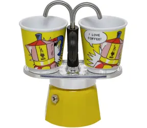 Bialetti MINI EXPRESS Set Lichtenstein žltá / Sada: fontánová moka kanvička (90 ml) + 2x hrnček (Roy Lichtenstein)