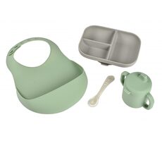 Beaba Jedálenská súprava silikónová 4-dielna s podbradníkom Grey/ Sage Green