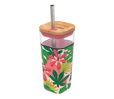 Quokka Sklenený cestovný hrnček so slamkou Liquid Cube Pink Jungle Flora 540 ml