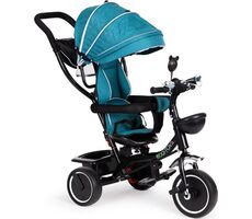 ECOTOYS Trojkolka so strechou a vodiacou tyčou modrozelená