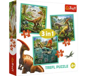 Trefl - Puzzle - Neobyčajný svet dinosaurov 3v1 / 20 + 36 + 50 dielikov / 20 x 19.5 cm / vek 4+