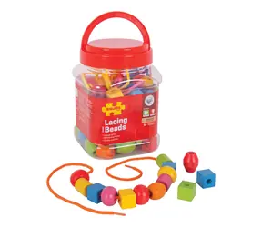 Bigjigs Toys Drevené navliekacie korálky v dóze / od 3 rokov