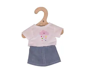 Bigjigs Toys Biele tričko s riflovou sukňou pre bábiku 28cm / od 2 rokov
