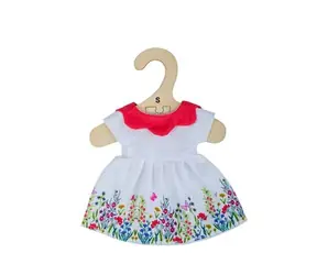 Bigjigs Toys Biele kvetinové šaty s červeným golierom pre bábiku 28 cm / od 2 rokov