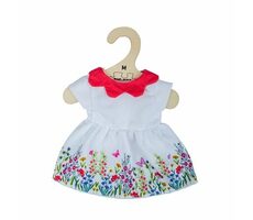 Bigjigs Toys Biele kvetinové šaty s červeným golierom pre bábiku 34 cm / od 2 rokov