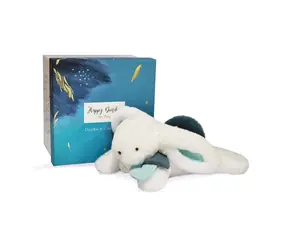 Doudou Darčeková sada - Plyšový zajačik s tmavomodrým brmbolcom 25 cm / od 0 rokov