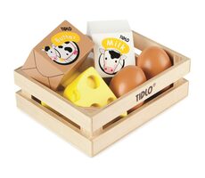 Tidlo Drevená debnička s mliečnymi výrobkami a vajcami