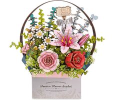 Robotime 3D drevená skladačka Košík s kvetinami