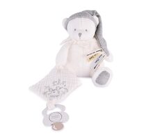Doudou Darčeková sada Plyšový medvedík s úchytom na cumlík a dečkou šedý 20 cm / od 0 mesiacov