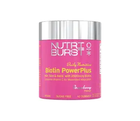 Nutriburst Biotin PowerPlus - gumídci pre vlasy, pleť a nechty s biotínom, zinkom a liposomálnym vitamínom C, jahoda 60ks