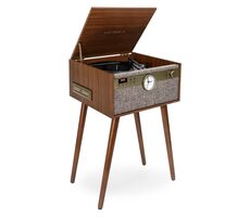 Victrola VTA-835SB-WLN-INT Century hnedá / Gramofón s nožičkami a hodinami / 3 rýchlostné / BT / RCA / 3.5mm jack 