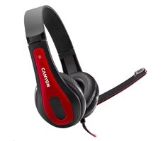 Canyon CNS-CHSC1BR / ľahký PC headset / kombinovaný 3.5 mm jack / kožené náušníky / čierno-červená