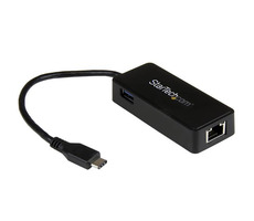 StarTech USB-C - RJ45 adaptér s extra portom USB 3.0 čierna / pre sieťové pripojenie / RJ45 