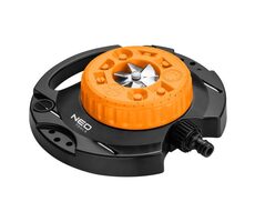 Neo Tools 15-780 oranžovo-čierna / rotačný postrekovač / 9 funkcií postreku / pre plochu od 35 do 95m2 / 1/2&quot; aj 3/4&quot;