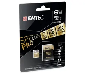 EMTEC SpeedIN micro SDXC karta 64GB + adaptér SD / UHS-I / U3 / Class 10 / čítanie: 95MBs / zápis: 90MBs / vhodné pre 4K