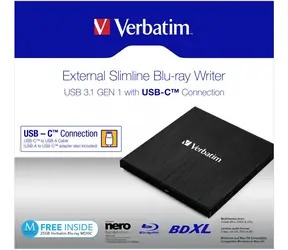 VERBATIM Slimline čierna / Blu-ray + DVD externá napaľovačka / USB 3.1 Gen. 1 / USB-C