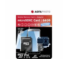 AGFAPHOTO MicroSDXC 64GB + Adaptér (10582A1) / R: 100 MB/s / W: 50 MB/s / Class V30 