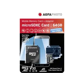 AGFAPHOTO MicroSDXC 64GB + Adaptér (10582A1) / R: 100 MB/s / W: 50 MB/s / Class V30 